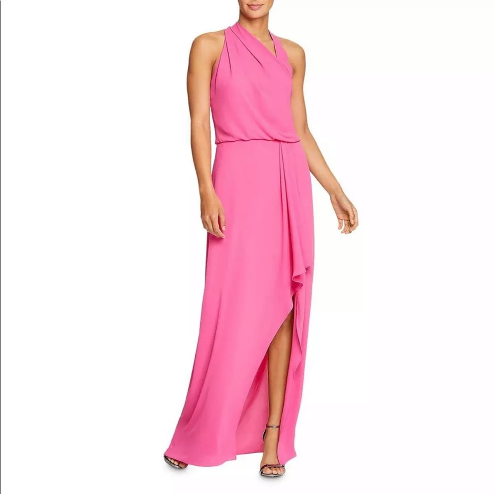 Halston Womens Pink Asymmetric Hem Halter Formal Evening Dress Gown 6